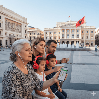 Audio tour device for Tirana self-guided tour by Uvamai Niche Tourism, showing headphones and travel guide interface.
