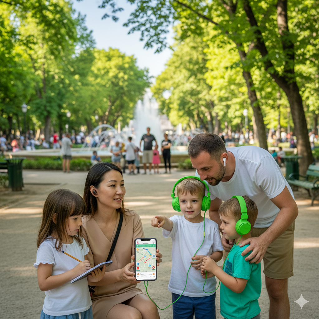 Audio tour device for Tirana self-guided city tour by Uvamai Niche Tourism, with headphones and guide interface visible.