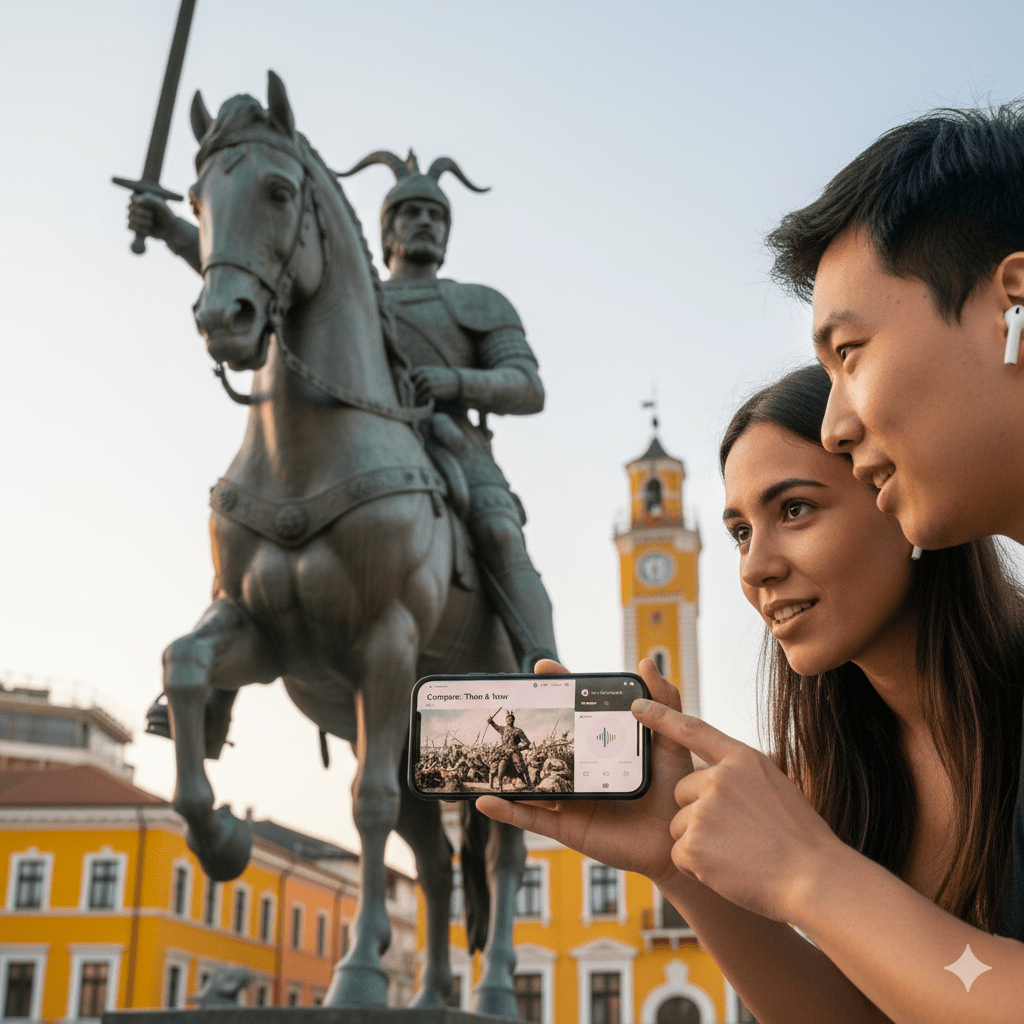 Audio tour device for Tirana self-guided audio tour by Uvamai Niche Tourism with headphones and tour interface screen.