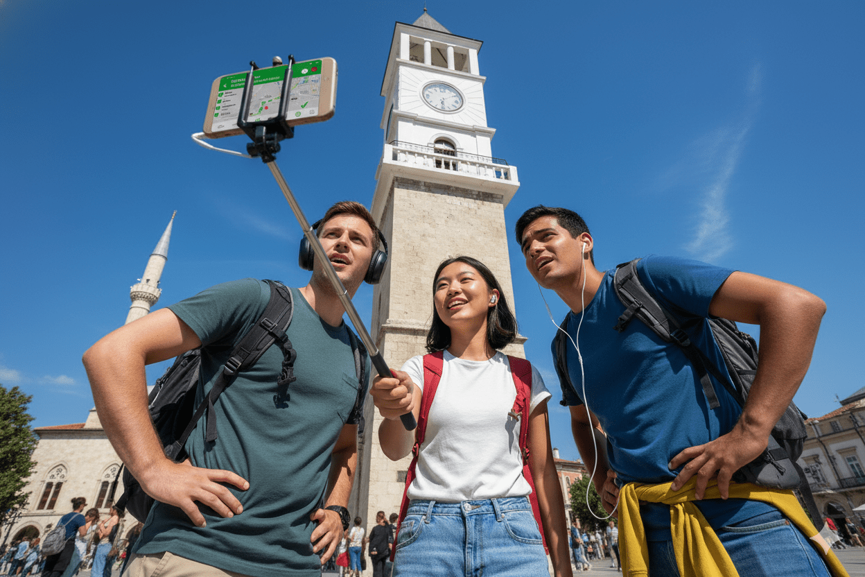 Self-guided audio tour for Tirana by Uvamai Niche Tourism, featuring map and headphones for exploring the city independently.