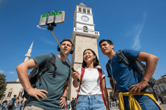 Self-guided audio tour for Tirana by Uvamai Niche Tourism, featuring map and headphones for exploring the city independently.