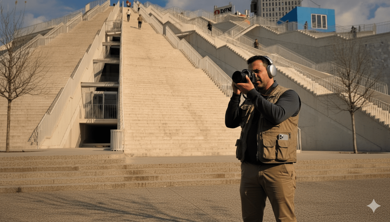 Tirana Self-Guided Audio Tour by Uvamai Niche Tourism, featuring a smartphone displaying the tour app interface.