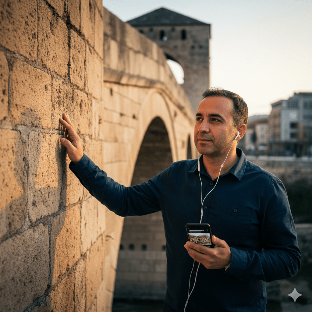 Audio tour device for Tirana self-guided tour by Uvamai Niche Tourism, featuring a headphone jack and user interface.