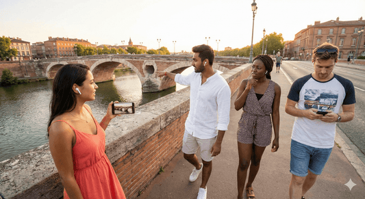 Audio tour device for Toulouse self-guided audio tour by Uvamai Niche Tourism, featuring headphones and tour controls.