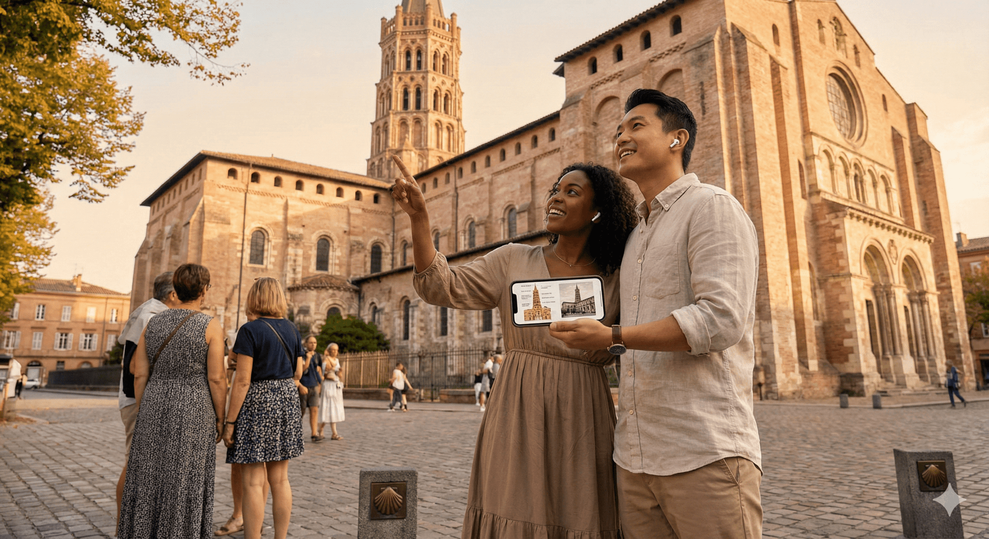 Self-guided audio tour of Toulouse by Uvamai Niche Tourism, showing a map and headphones for exploring the city independently.
