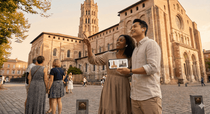 Self-guided audio tour of Toulouse by Uvamai Niche Tourism, showing a map and headphones for exploring the city independently.