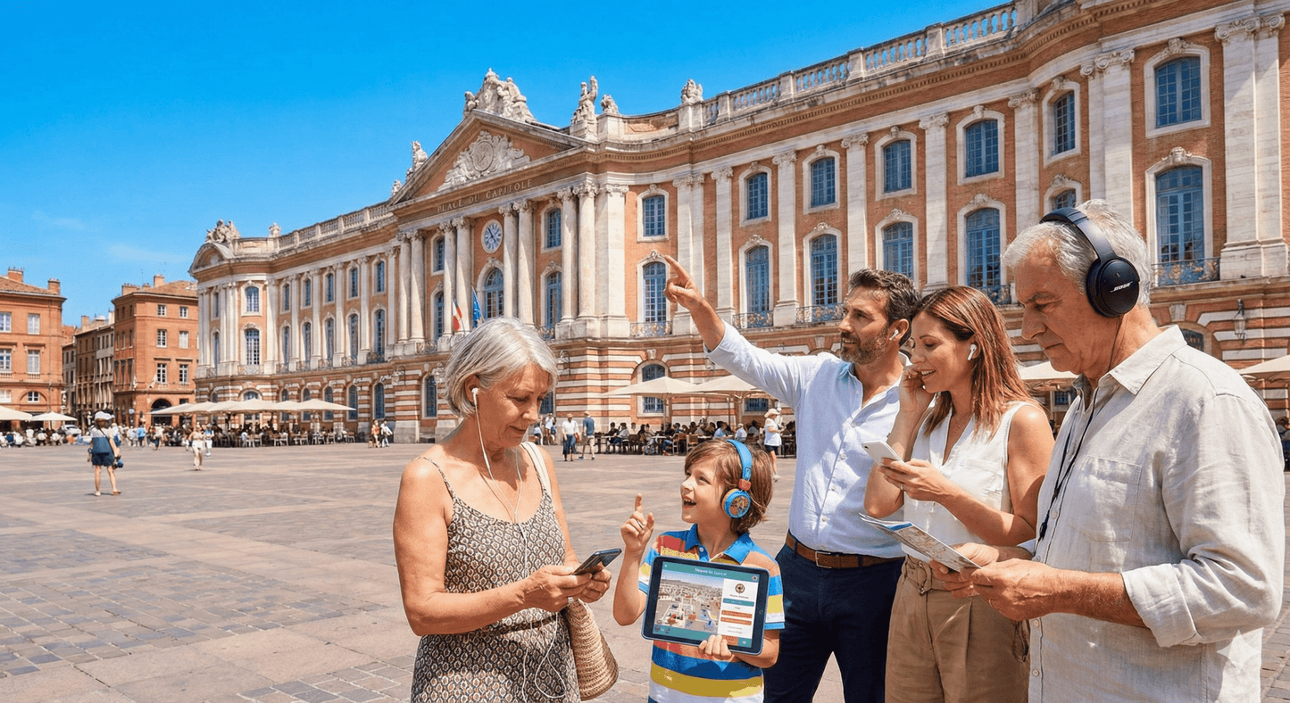 Audio tour guide for Toulouse by Uvamai Niche Tourism, featuring headphones and scenic city landmarks.