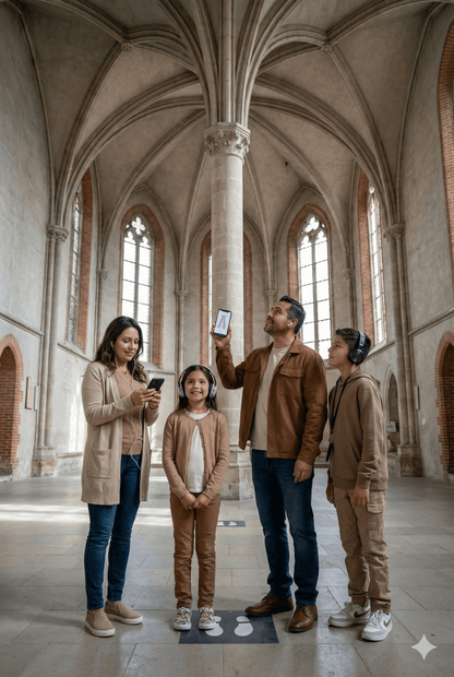 Toulouse Self-Guided Audio Tour by Uvamai Niche Tourism showing a tablet with city landmarks and guide interface on screen.
