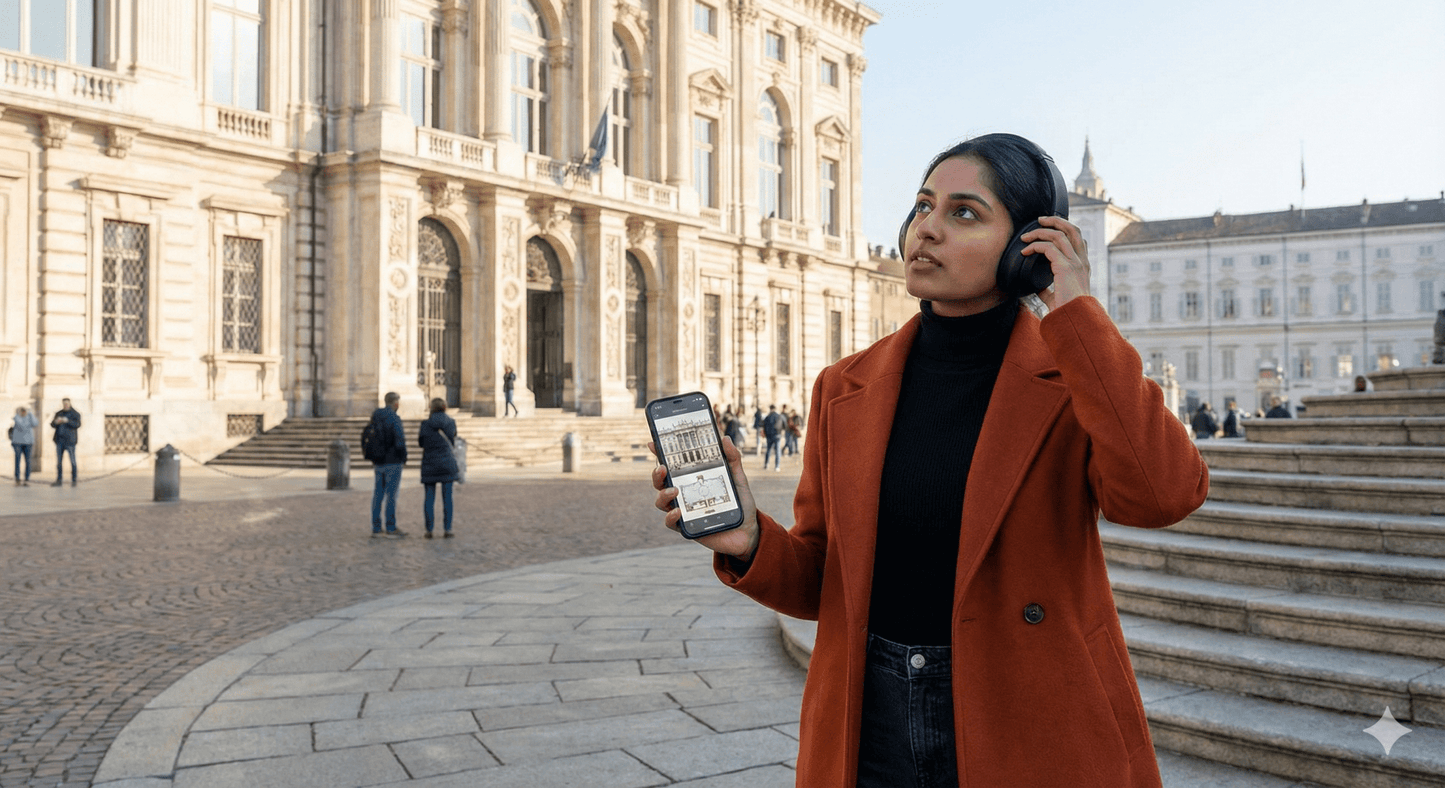 Audio tour guide device for Turin from Uvamai Niche Tourism, featuring a portable audio guide for self-guided city exploration.