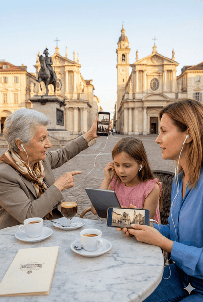 Audio tour device for Turin self-guided tour by Uvamai Niche Tourism, showing headphones and tour guide interface.