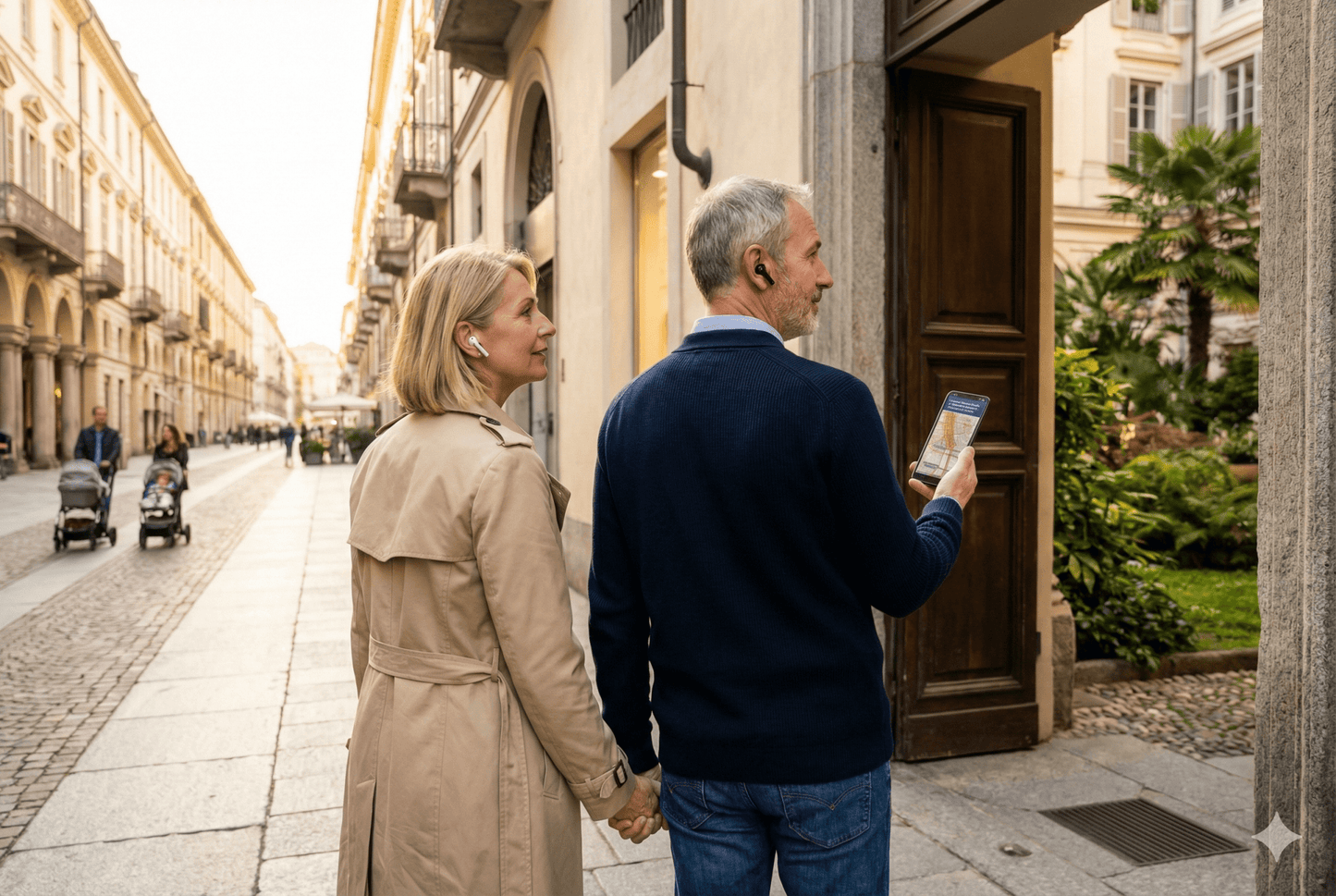 Turin Self-Guided Audio Tour by Uvamai Niche Tourism, featuring a smartphone with tour map and audio device on a city street.