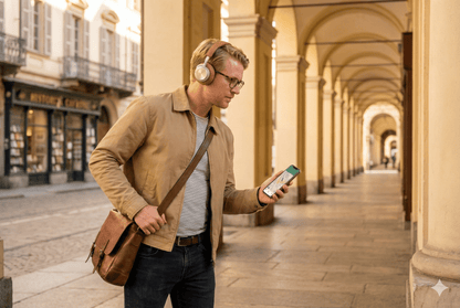 Audio tour device for Turin Self-Guided Audio Tour by Uvamai Niche Tourism, showing headphones and tour interface.