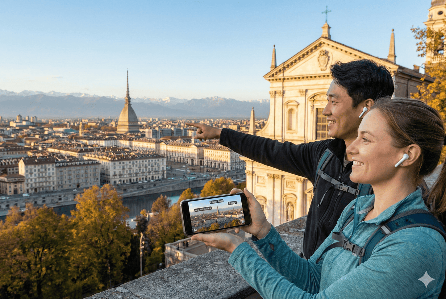 Audio tour device for Turin self-guided audio tour by Uvamai Niche Tourism, showing headphones and tour controls.