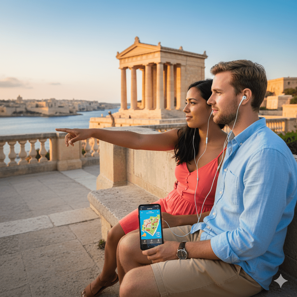Valletta self-guided audio tour by Uvamai Niche Tourism, featuring headphones and map for exploring historic Malta city.