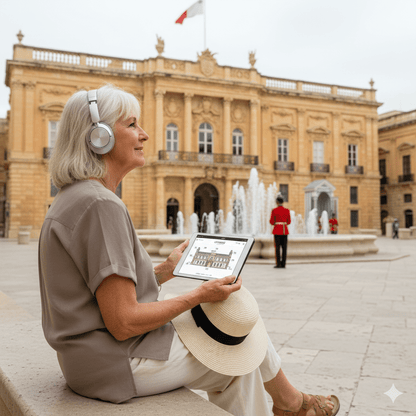 Valletta self-guided audio tour by Uvamai Niche Tourism, featuring a smartphone displaying the tour interface with historic Valletta landmarks.