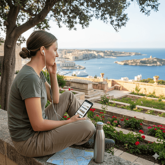 Valletta Self-Guided Audio Tour by Uvamai Niche Tourism, featuring a smartphone with tour app and scenic Maltese city views.