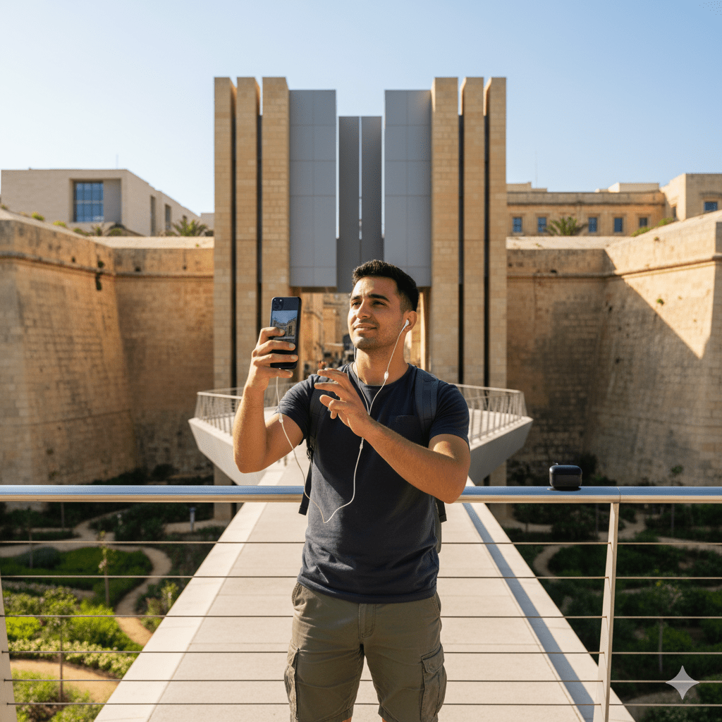 Valletta self-guided audio tour by Uvamai Niche Tourism displayed on a mobile device screen, with historical landmarks in the background.