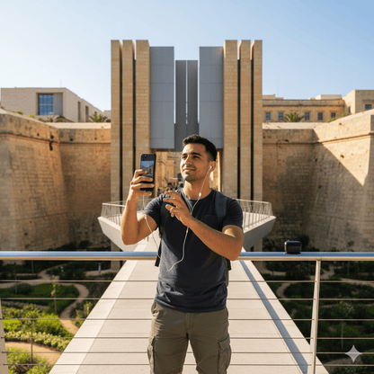 Valletta self-guided audio tour by Uvamai Niche Tourism displayed on a mobile device screen, with historical landmarks in the background.