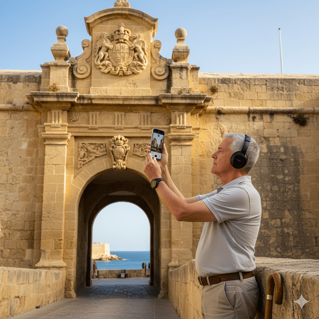 Valletta Self-Guided Audio Tour by Uvamai Niche Tourism, featuring a smartphone displaying the tour app on a city street.
