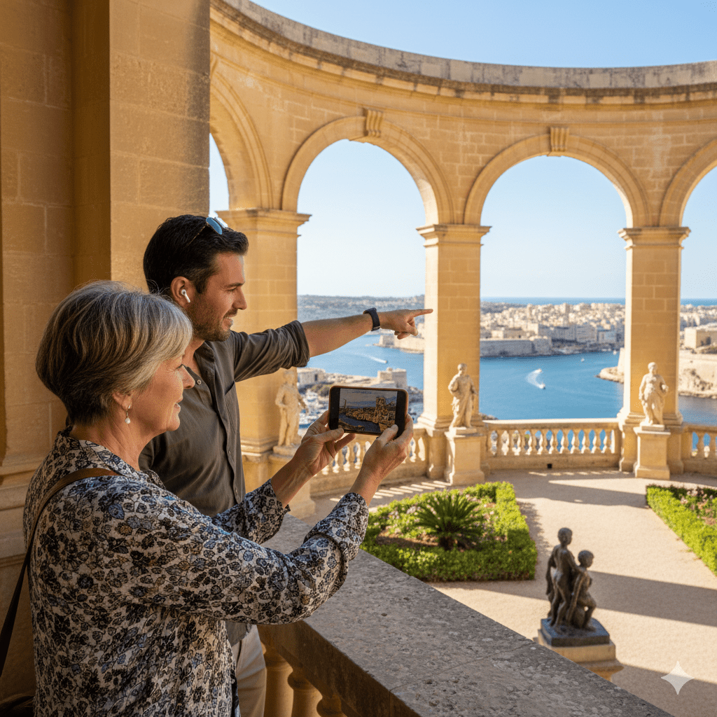 Valletta self-guided audio tour by Uvamai Niche Tourism, showing a smartphone with audio guide app and historic Valletta landmarks.