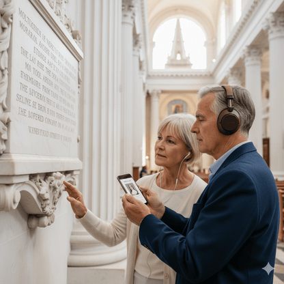 Valletta Self-Guided Audio Tour by Uvamai Niche Tourism, showing a smartphone with tour app interface on a historic city street.