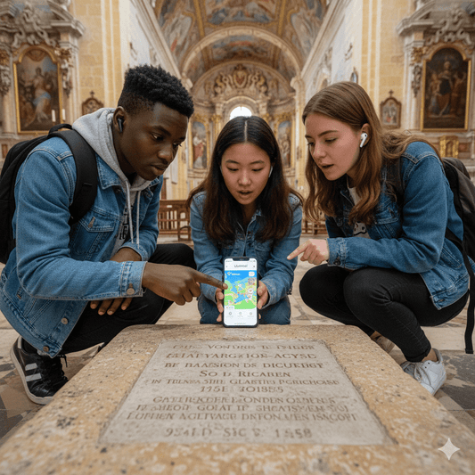 Valletta self-guided audio tour by Uvamai Niche Tourism, featuring a tablet showing historical landmarks of Valletta, Malta.