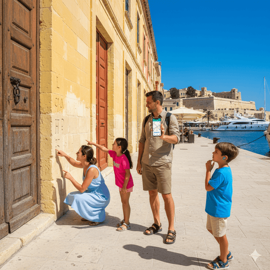 Valletta self-guided audio tour by Uvamai Niche Tourism, showing a mobile device with map and historical landmarks in Valletta.