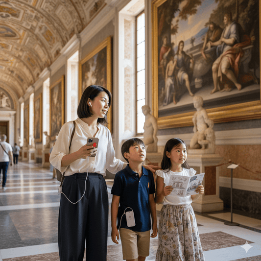 Vatican City Self-Guided Audio Tour by Uvamai Niche Tourism, showing a smartphone with the tour app open over Vatican landmarks.