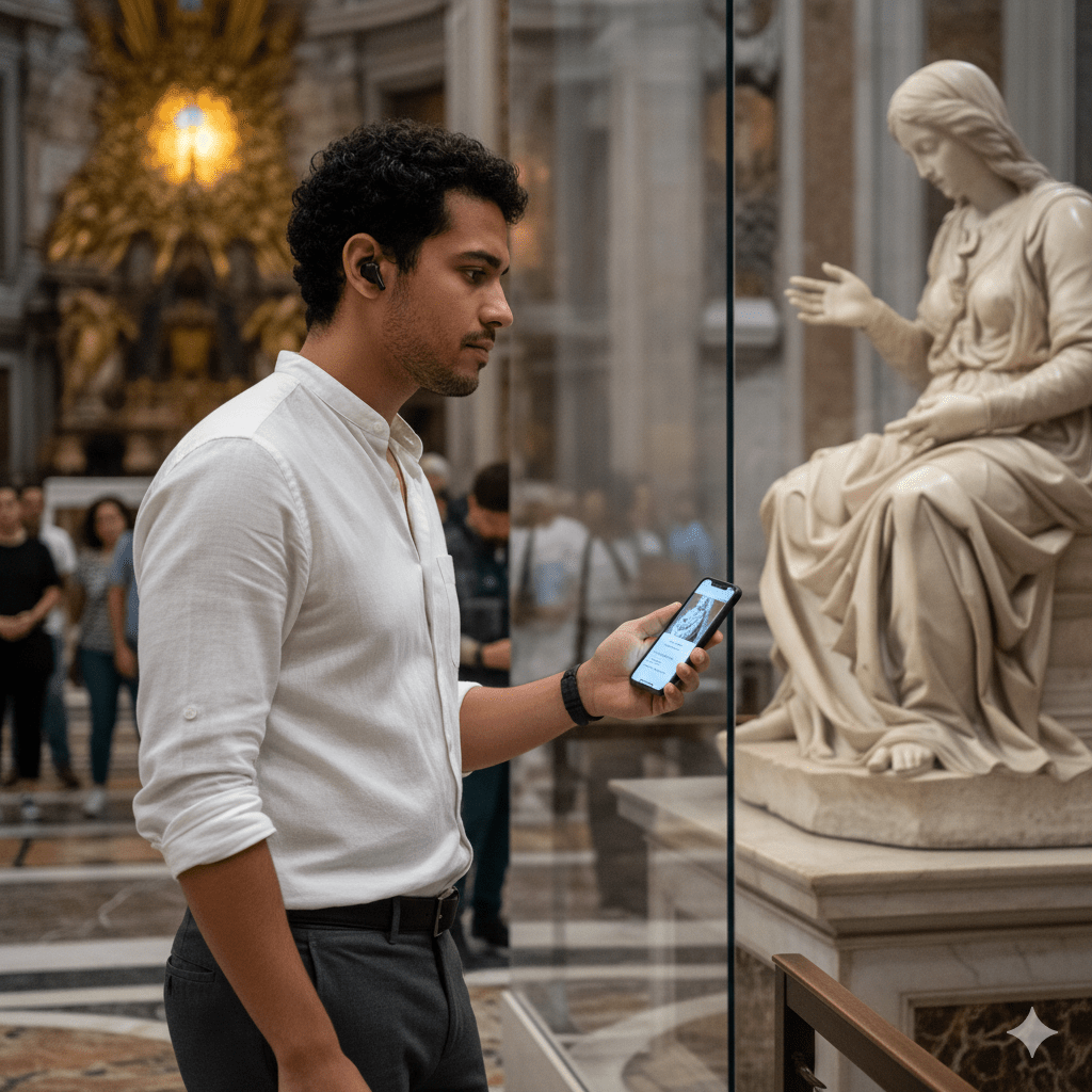 Vatican City self-guided audio tour by Uvamai Niche Tourism, showing a smartphone with tour app and Vatican landmarks.