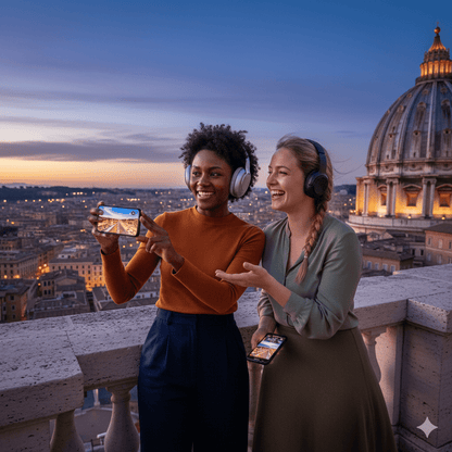 Vatican City Self-Guided Audio Tour by Uvamai Niche Tourism showing headphones and tour map on a tablet screen