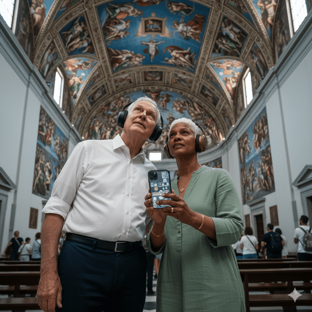 Vatican City Self-Guided Audio Tour by Uvamai Niche Tourism, showing a smartphone with map and audio controls for exploring Vatican sites.