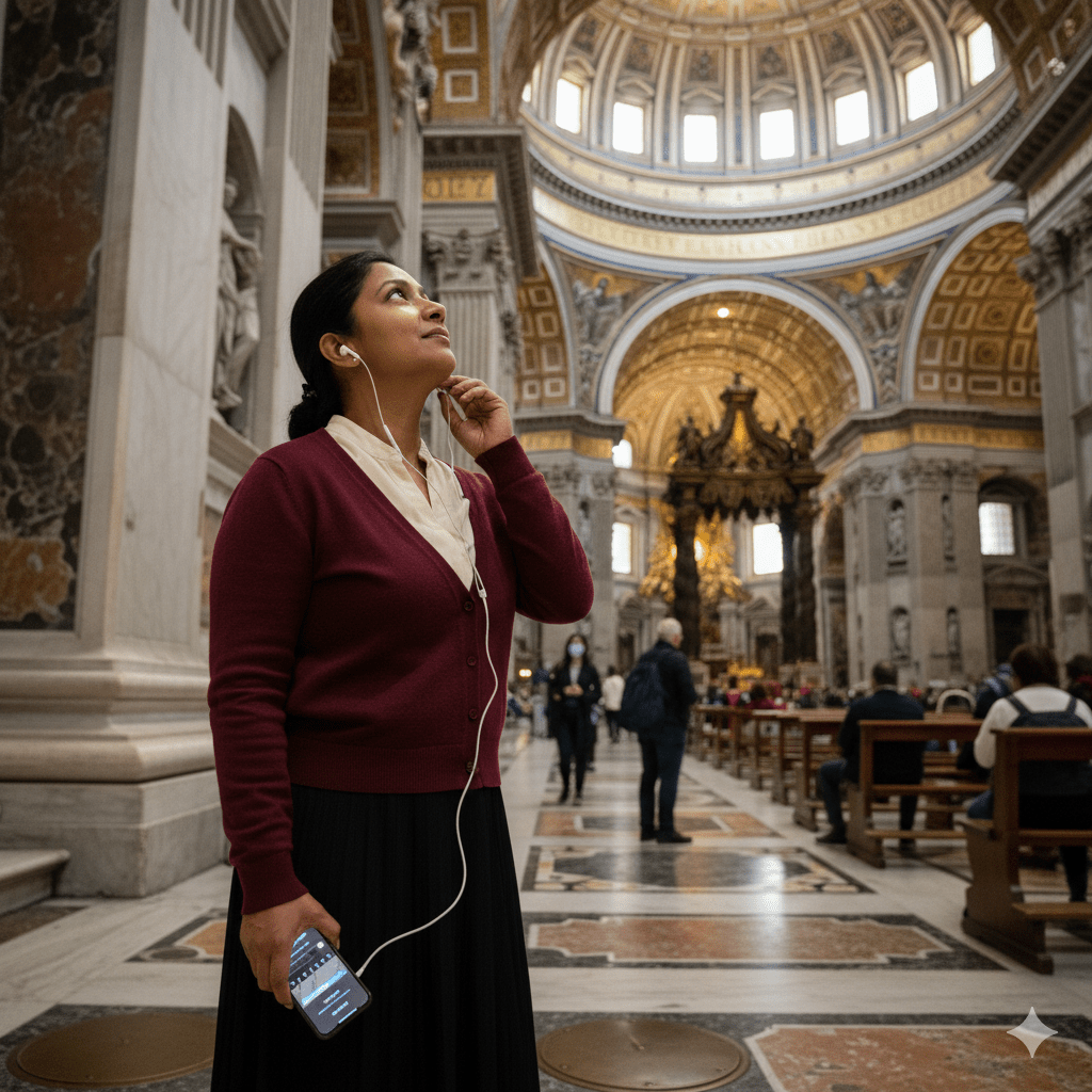Vatican City self-guided audio tour by Uvamai Niche Tourism, featuring headphones and tour device in a scenic setting.