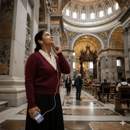 Vatican City self-guided audio tour by Uvamai Niche Tourism, featuring headphones and tour device in a scenic setting.