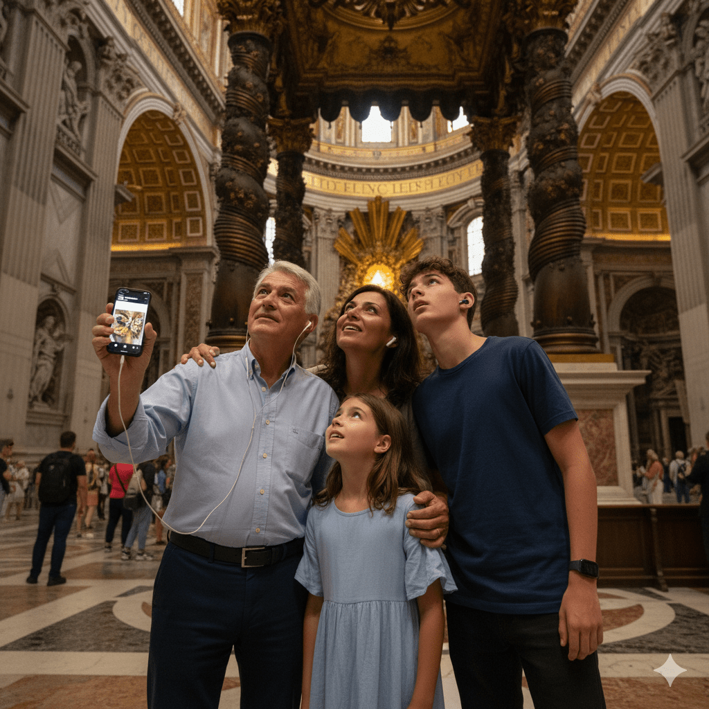 Vatican City Self-Guided Audio Tour by Uvamai Niche Tourism, showing a smartphone with tour app and Vatican landmarks in the background.