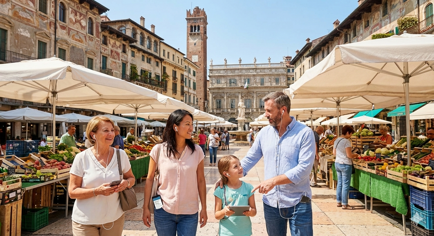 Verona Self-Guided Audio Tour by Uvamai Niche Tourism, portable device with headphones for exploring Verona's historic sites.