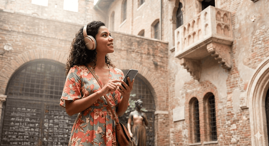 Verona self-guided audio tour by Uvamai Niche Tourism, featuring headphones and tour guide device for exploring Verona's historic sites.