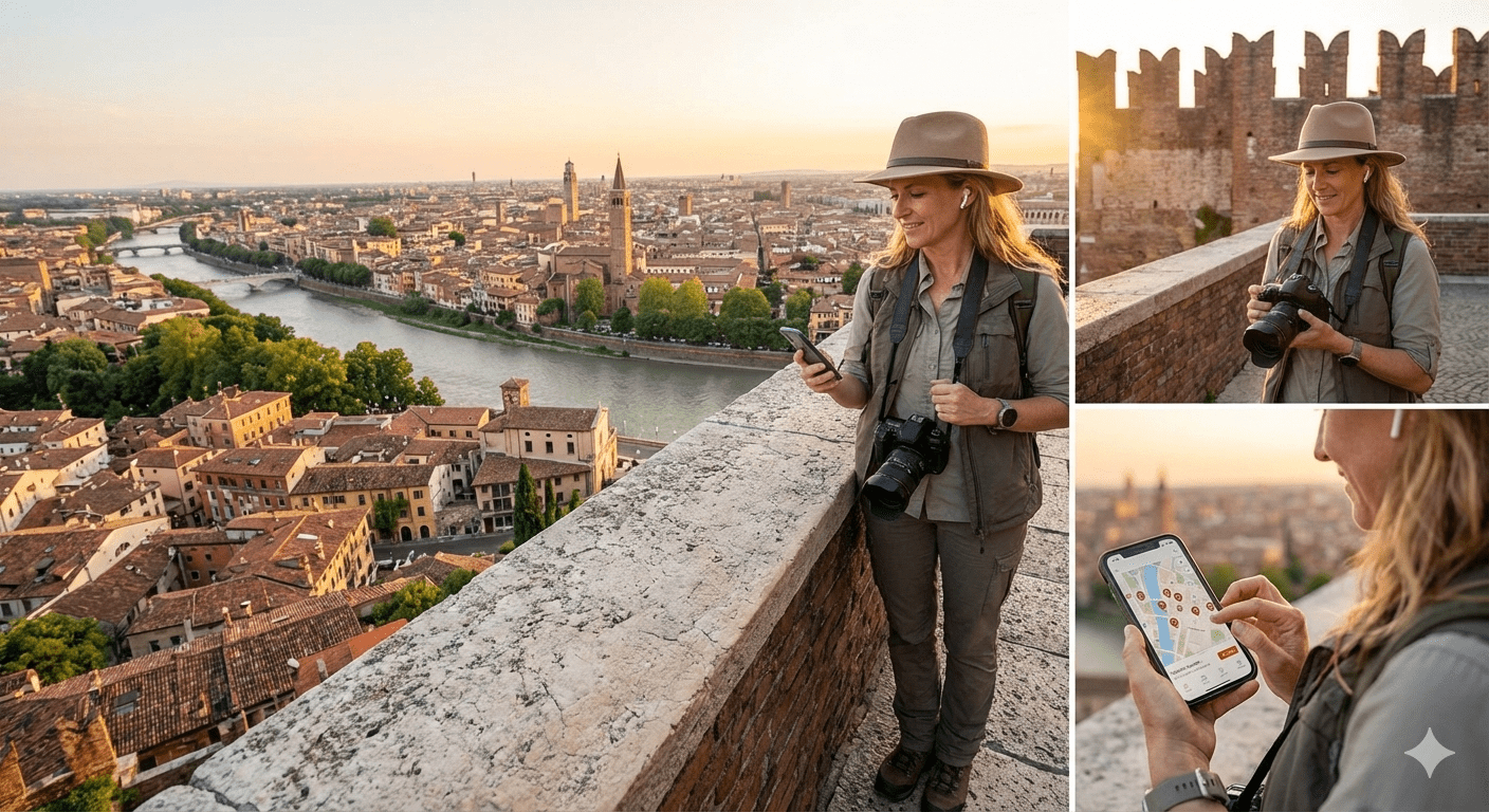 Verona self-guided audio tour by Uvamai Niche Tourism, showing a smartphone with map and historical landmarks of Verona.