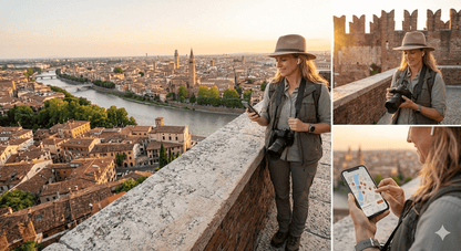 Verona self-guided audio tour by Uvamai Niche Tourism, showing a smartphone with map and historical landmarks of Verona.
