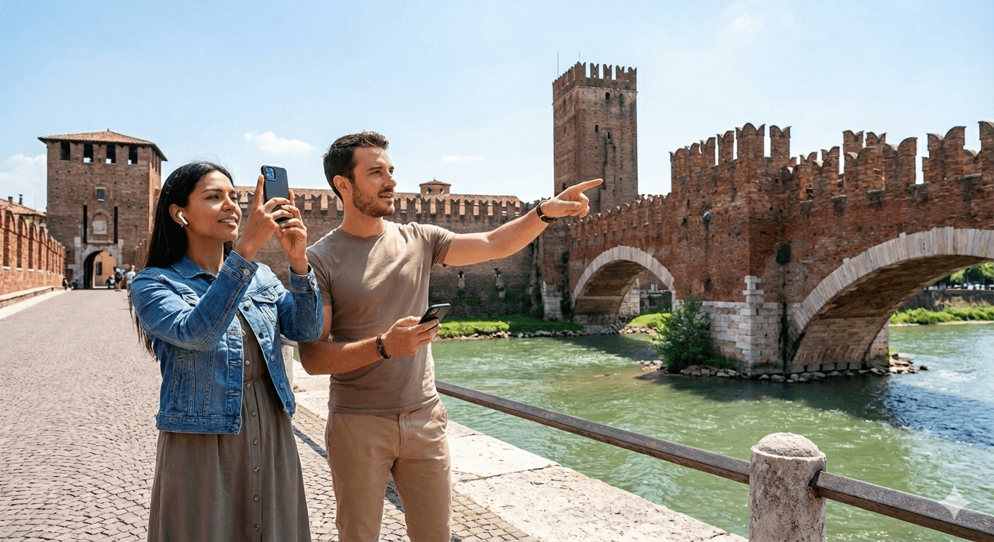 Audio tour device for Verona self-guided tour by Uvamai Niche Tourism, showing headphones and tour booklet in hand.