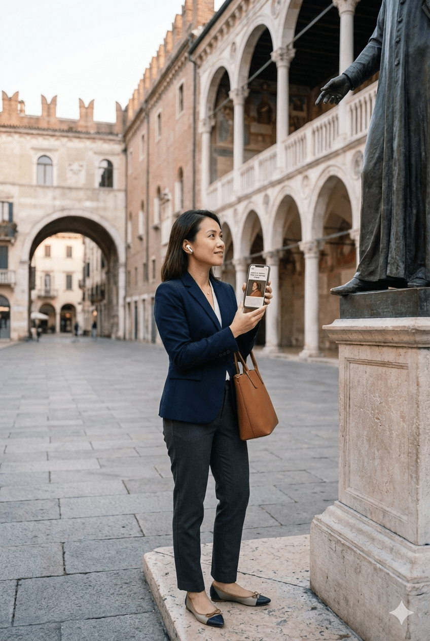 Verona Self-Guided Audio Tour by Uvamai Niche Tourism on a mobile device, showing a map and audio playback interface.