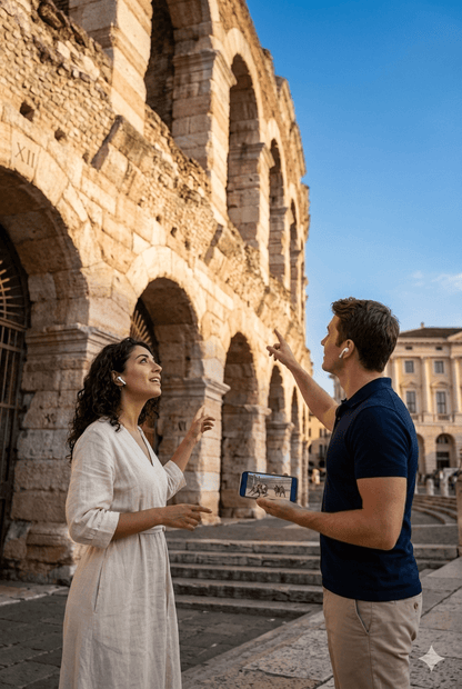 Audio guide device for Verona self-guided tour by Uvamai Niche Tourism, showing headphones and tour controls.
