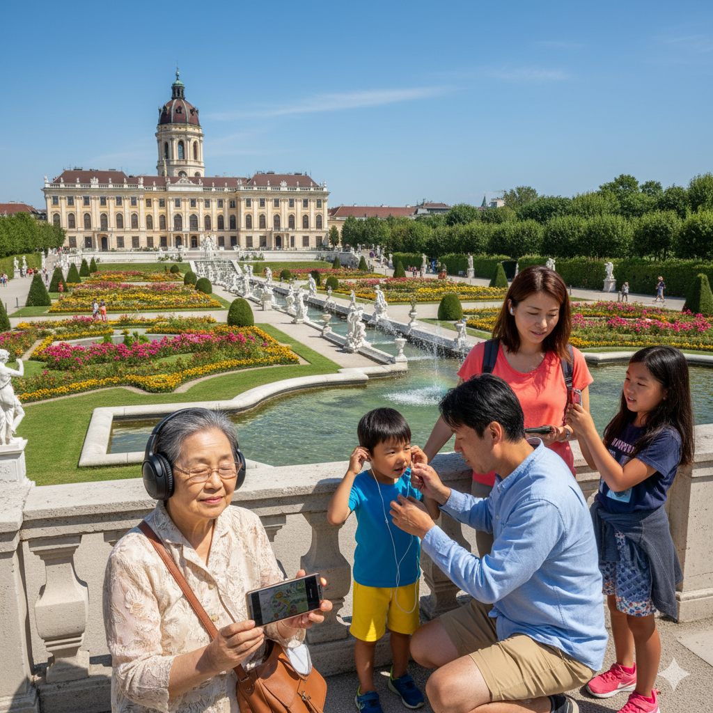 Audio tour device for Vienna self-guided experience by Uvamai Niche Tourism, showing headphones and tour guide interface.