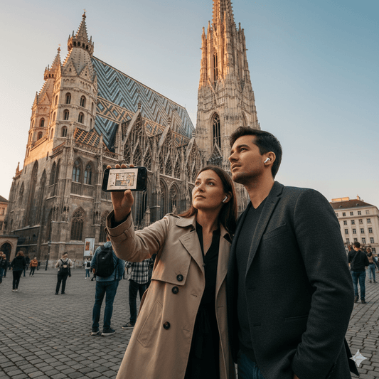 Self-guided audio tour of Vienna by Uvamai Niche Tourism, featuring a smartphone with city landmarks on the screen.