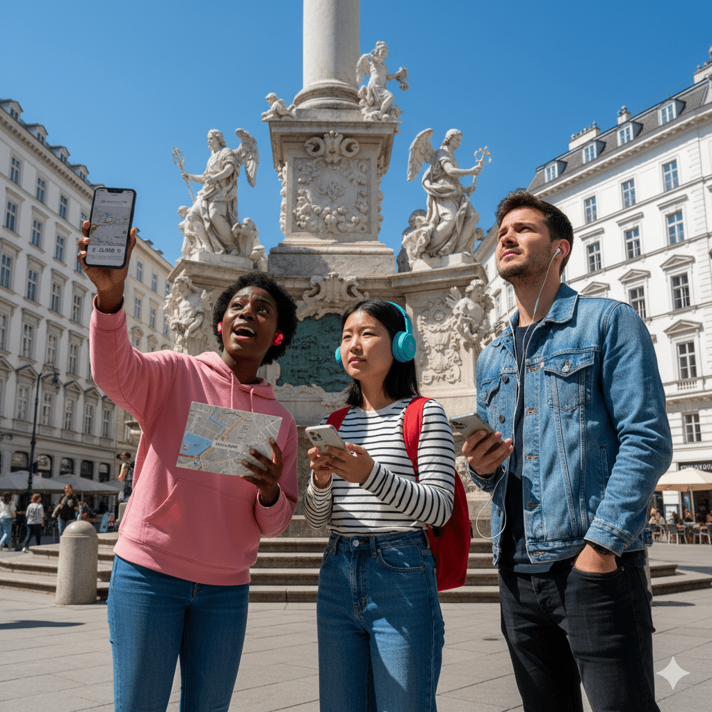 Vienna Self-Guided Audio Tour by Uvamai Niche Tourism, headphones and smartphone setup for exploring Vienna's landmarks.