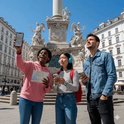 Vienna Self-Guided Audio Tour by Uvamai Niche Tourism, headphones and smartphone setup for exploring Vienna's landmarks.