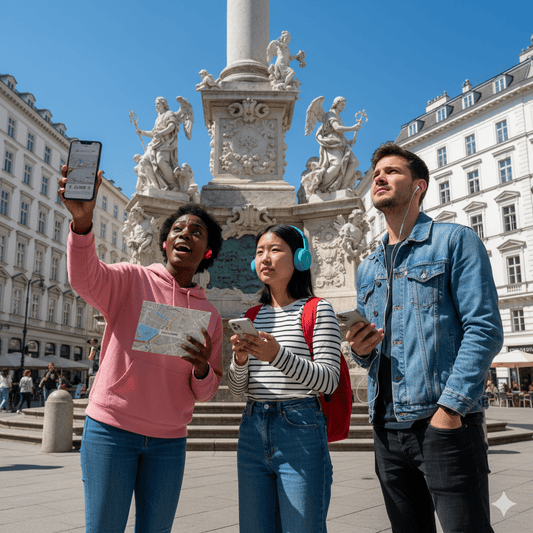 Vienna Self-Guided Audio Tour by Uvamai Niche Tourism, headphones and smartphone setup for exploring Vienna's landmarks.