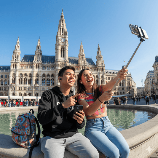 Audio tour device for Vienna self-guided tour by Uvamai Niche Tourism, showing headphones and tour interface on screen.