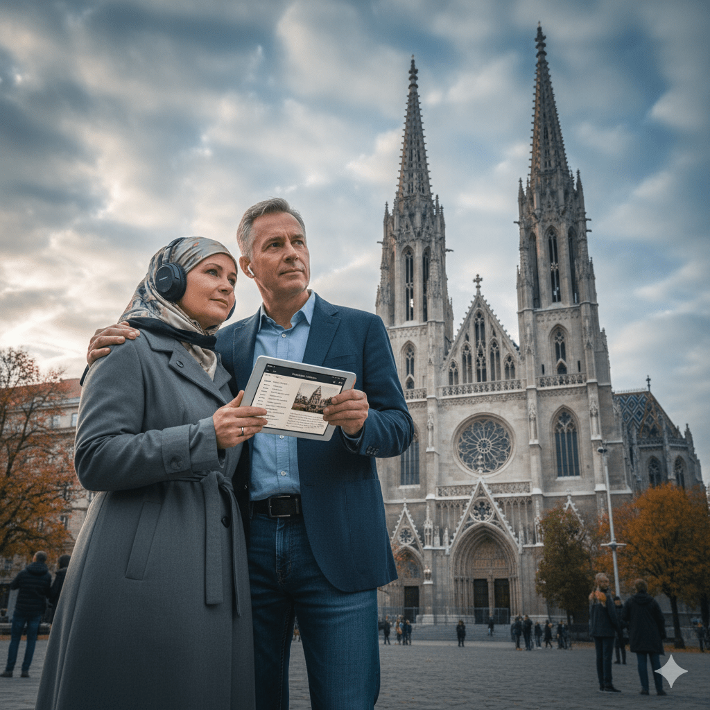 Self-guided audio tour of Vienna by Uvamai Niche Tourism, featuring images of historic landmarks and city streets.