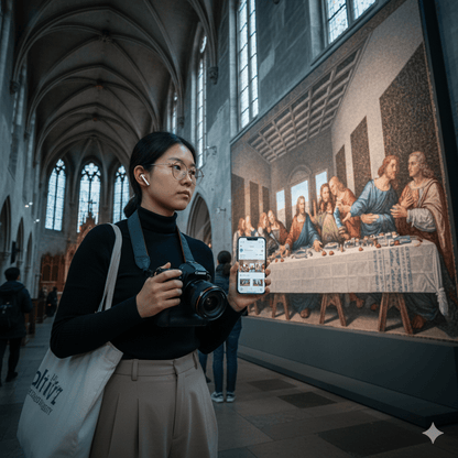 Self-guided Vienna audio tour by Uvamai Niche Tourism, featuring headphones and a smartphone displaying historical landmarks.