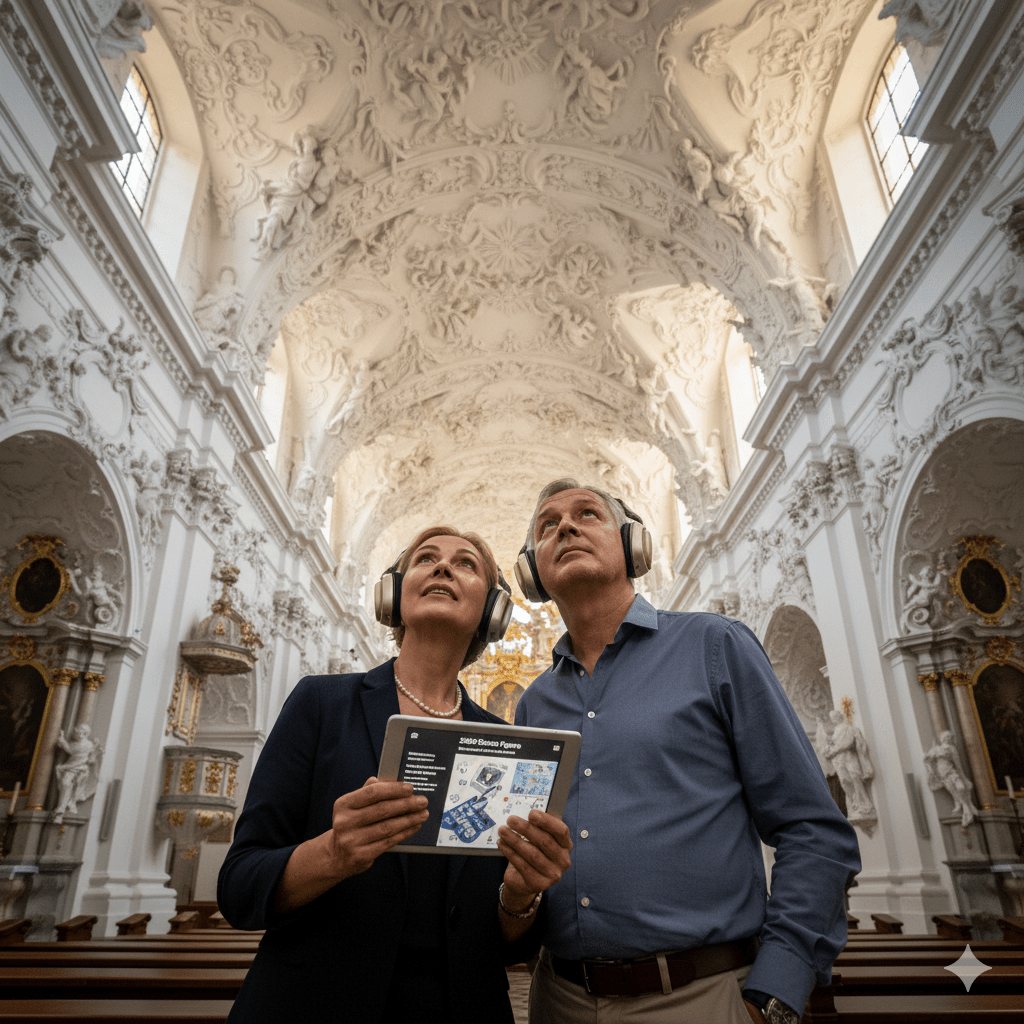 Audio guide for Vilnius self-guided tour by Uvamai Niche Tourism, showing a smartphone with maps and headphones.